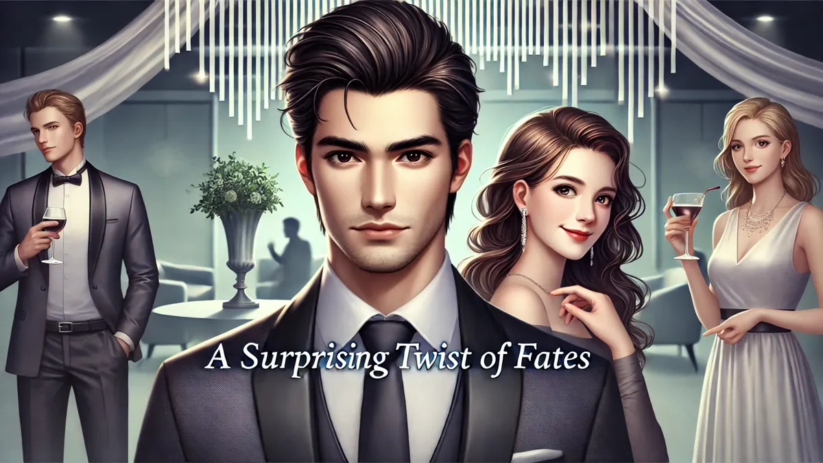 a handsome man with dark, neatly styled hair, wearing a sleek suit, exuding confidence. Beside him, a beautiful woman with long flowing hair and a radiant smile, dressed in a classy modern outfit. The background features a blurred, elegant party scene with soft lighting.