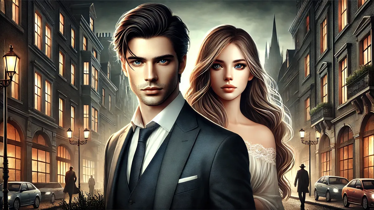 Review Abandoned to the Abyss Novel A handsome man with sharp, well-defined features, neatly styled dark hair, and wearing a formal suit. He stands confidently in the foreground. Behind him is a beautiful woman with long wavy hair and delicate features, dressed in an elegant gown, looking pensive. The background showcases a dramatic urban setting with dark alleys and glowing city lights.
