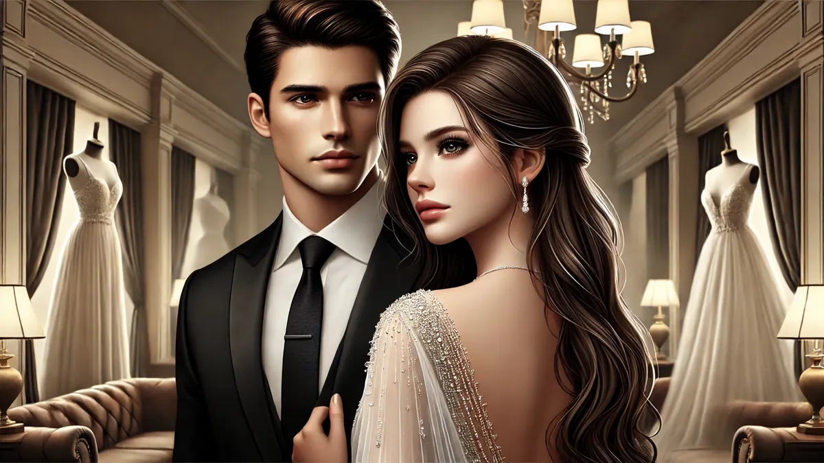 The man has sharp, clean-cut features with neatly styled dark hair, wearing a formal black suit. The woman has long, flowing hair, wearing a luxurious white gown embellished with subtle diamonds. Both are standing in an elegant boutique setting with soft lighting.
