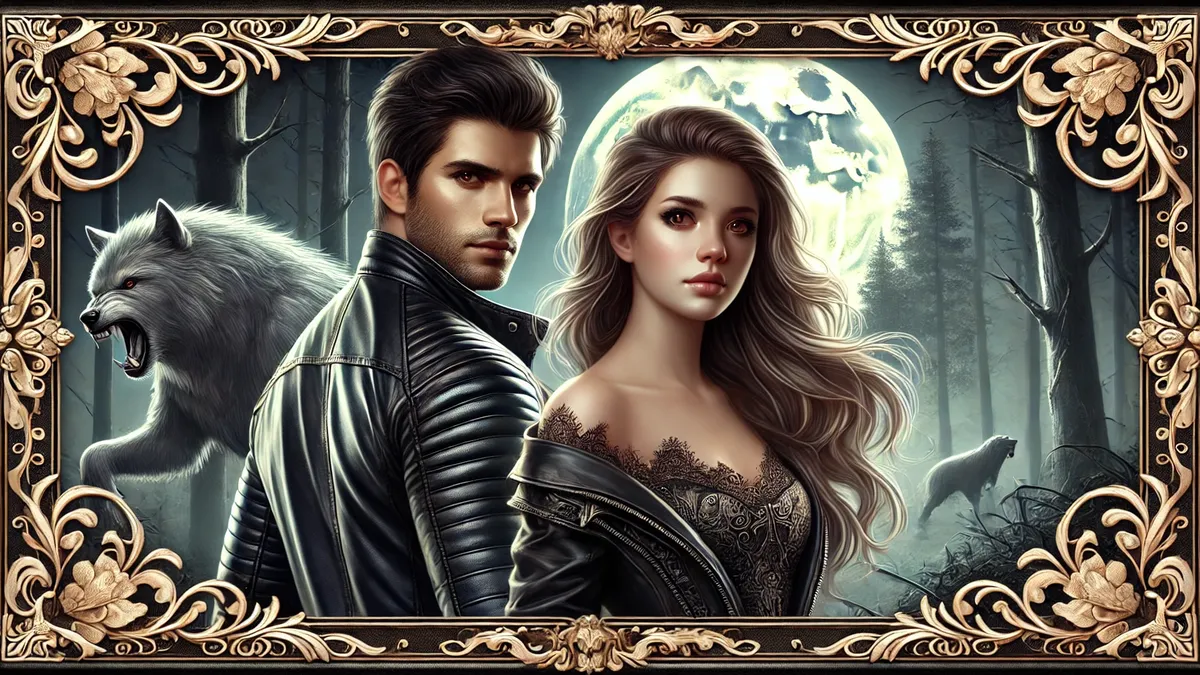 Review Contracted to Alpha Maximus Novel by Lia A handsome man with strong, dark hair, and a piercing gaze, wearing a black leather jacket, standing next to a beautiful woman with delicate, long flowing hair, and a determined expression. The background is a dark forest under a glowing full moon, evoking a mystical and dramatic mood.