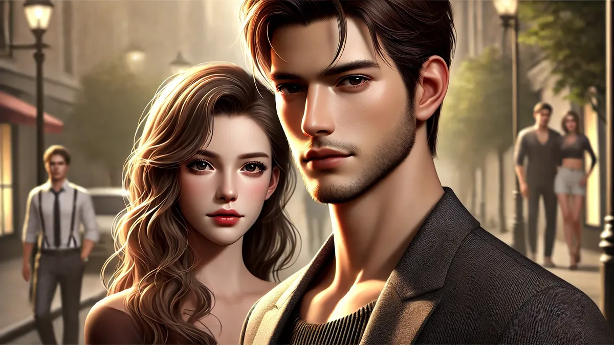 a handsome young man with short dark hair, sharp facial, and a confident expression, wearing a modern outfit. Behind him, a beautiful young woman with long wavy hair and delicate gazes forward with a soft yet determined look. The background has a blurred, warm-toned ambiance, creating a romantic mood.