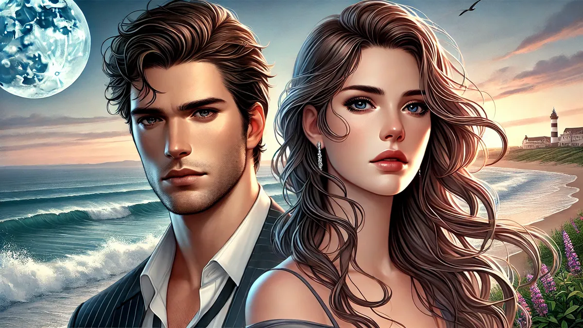 A handsome man with sharp features, short dark hair, wearing an elegant suit, and looking serious yet introspective. A beautiful woman with soft, delicate features and long wavy hair stands beside him in a flowing dress, her expression firm and graceful. They are set against a twilight coastal backdrop with gentle waves and a serene atmosphere.