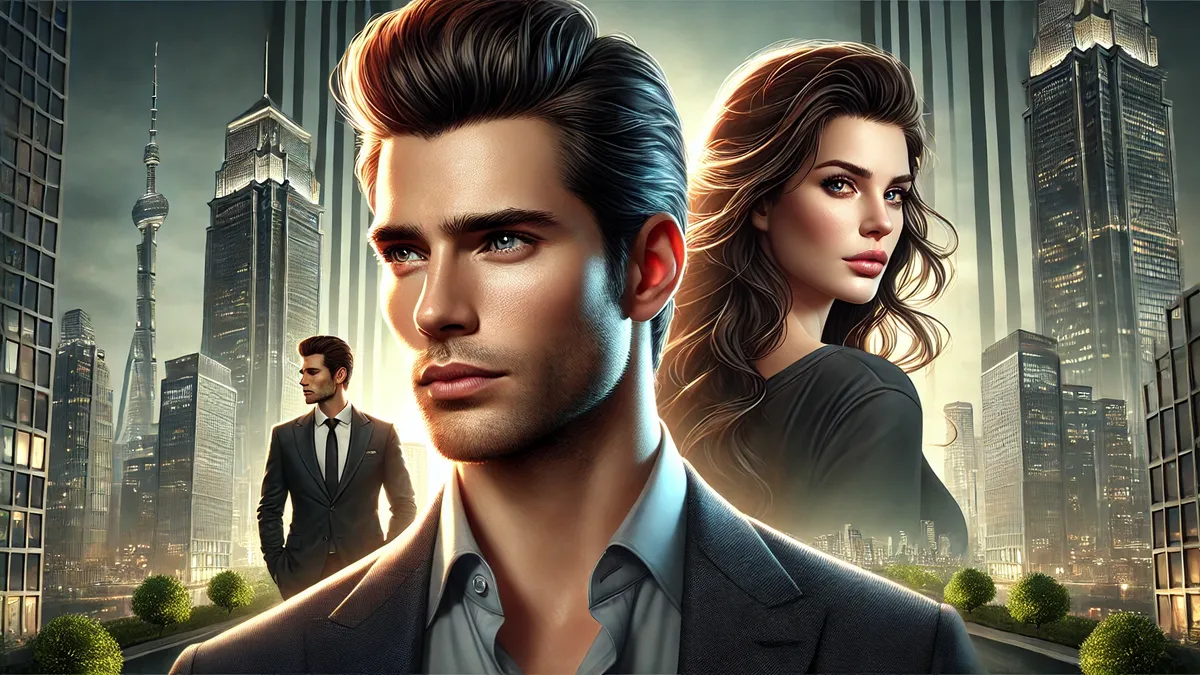 a handsome man with short dark hair and a confident expression in the foreground. Behind him, a beautiful woman with long, flowing hair looks away, set against a modern cityscape with tall buildings. The lighting enhances the dramatic and determined mood of the scene.