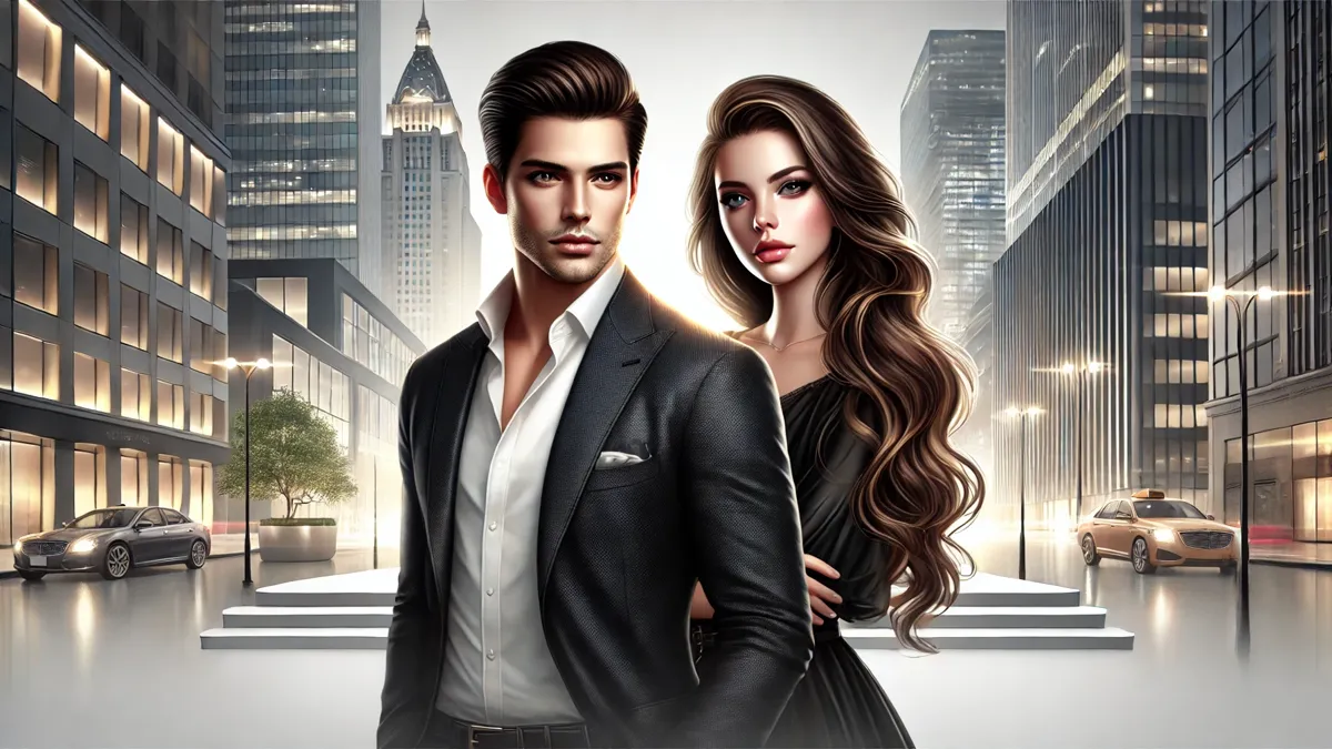 Review From Forgotten Wife To Fierce Queen Novel by Juliette Vaughan a handsome man with dark hair in a tailored suit standing beside a beautiful woman with long wavy hair wearing a sophisticated dress. The background shows a glowing modern cityscape, exuding confidence and strength.