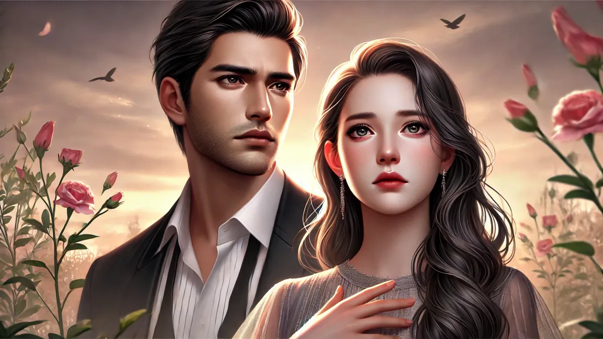 A handsome man with sharp and neat dark hair wearing a formal shirt, showing regret and longing. A beautiful woman with delicate features, long flowing hair, and an elegant dress stands nearby, looking heartbroken yet determined.
