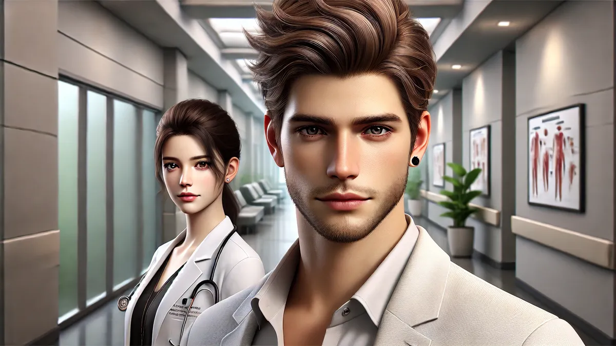 a confident man with styled dirty blonde hair and a black diamond earring, standing in the front. Behind him, a composed yet conflicted woman with neatly tied dark brown hair wears a white coat, representing her role as a doctor. The background features a bright and clean hospital corridor.