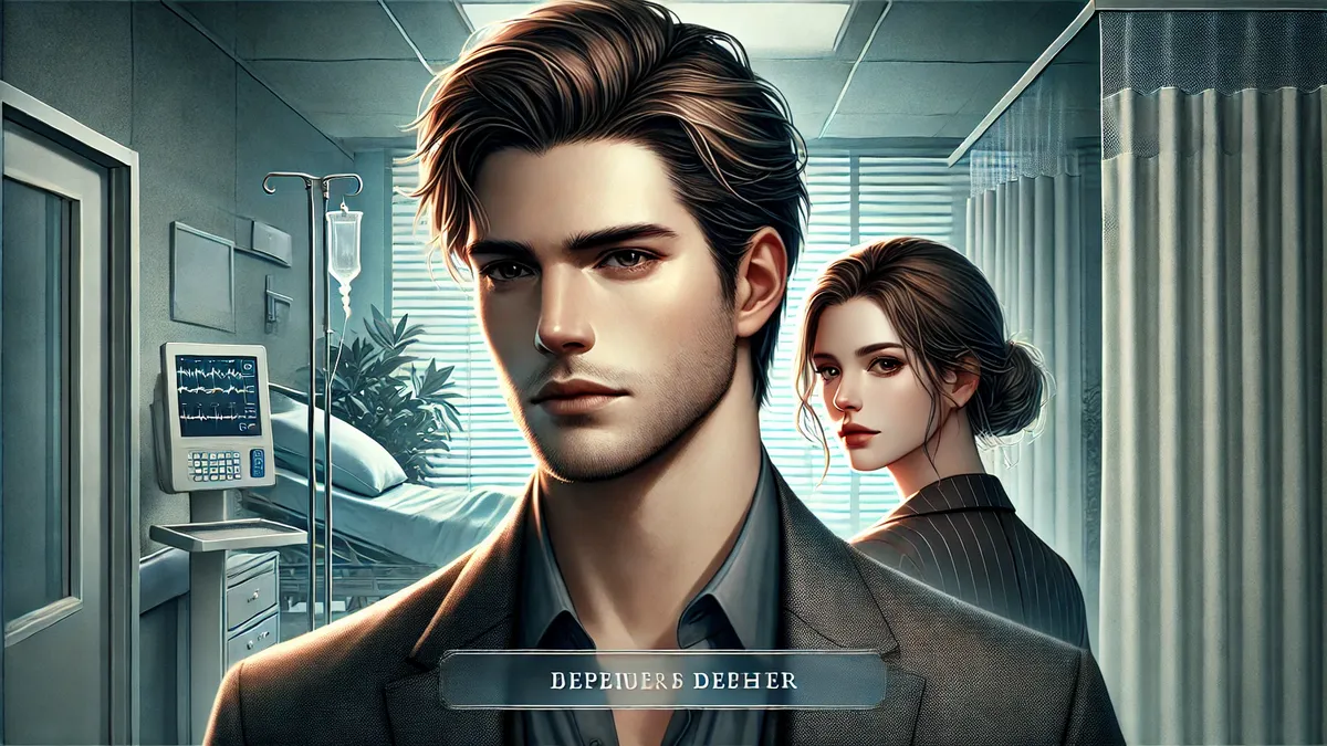 Review In Darkness and Despair Novel a handsome man wearing a dark suit and a beautiful woman dressed elegantly. They are positioned in a dimly lit hospital room, evoking a somber and tense atmosphere. The characters exhibit expressions of seriousness and sadness, reflecting unresolved emotions.