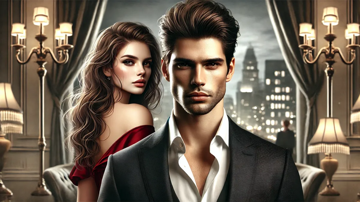 A man in a tailored black suit with a sharp jawline and dark hair standing confidently in the foreground. Behind him, a woman with long wavy brown hair in a red dress looks both strong. The background depicts a cityscape with soft, warm lighting, adding a romantic feel.