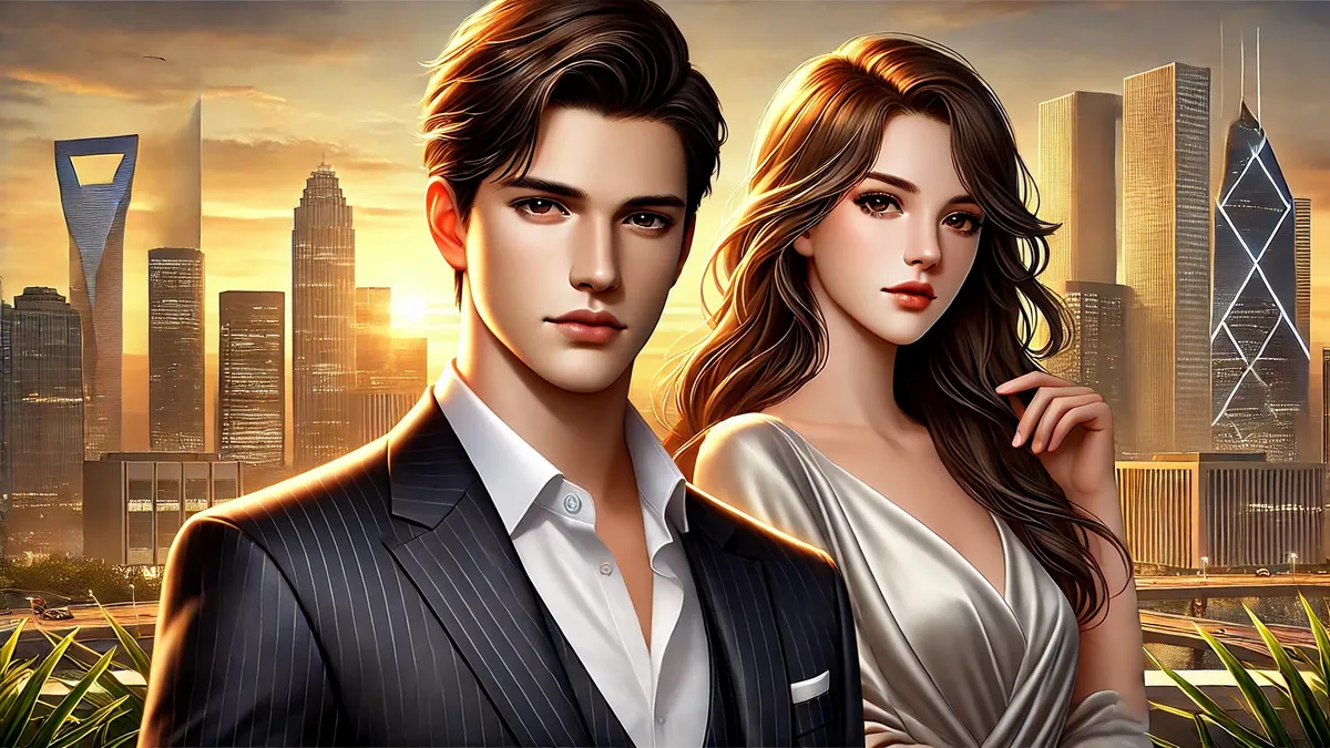 a handsome young man with sharp features and dark hair, wearing a well-fitted black suit. He has a confident yet serious expression. Behind him, a beautiful woman with long brown hair and striking eyes is dressed elegantly. The background shows a modern cityscape with a warm, glowing sunset, creating a sophisticated atmosphere.
