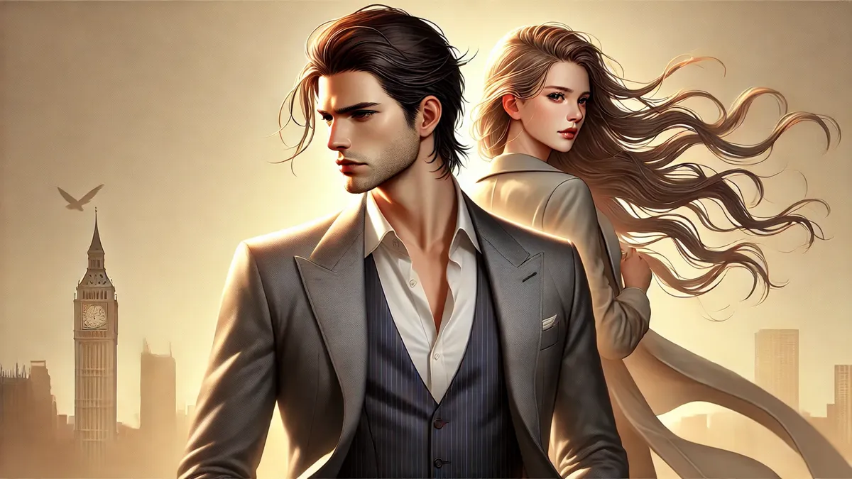 A handsome man with sharp and dark hair, standing confidently in the foreground wearing a modern suit. Behind him, a beautiful woman with long, flowing hair and a delicate expression stands slightly turned away in an elegant outfit.