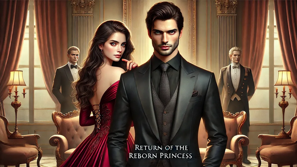 a handsome man with deep blue eyes, well-groomed dark hair, and a tailored black suit with gold accents. He stands confidently in the foreground. Behind him, a beautiful woman with long, flowing dark brown hair and striking green eyes wears a luxurious deep red gown with delicate embroidery. The background resembles a grand palace interior, with warm and cool tones adding depth to the scene.