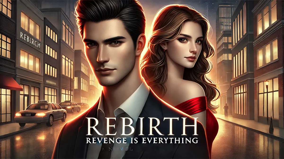 Review Rebirth: Revenge Is Everything Novel a confident man in a tailored black suit with short black hair, standing beside a determined woman with long wavy brown hair in a sleek red dress. The background shows a modern cityscape at dusk, blending warm and cool tones for a dramatic effect. The mood conveys mystery and ambition, complementing the novel's theme.