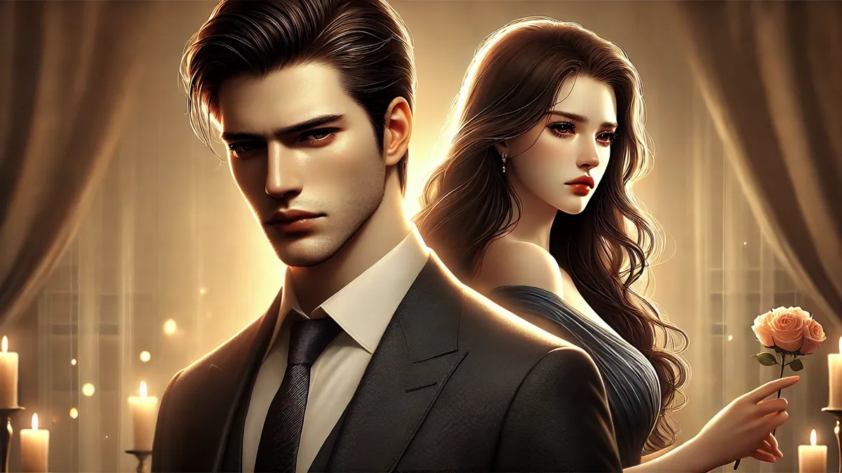 a man and woman in a dramatic moment. The man in the foreground has a sharp jawline, short dark hair, and a distant yet confident expression, wearing a dark suit. The woman, positioned slightly behind him, has long flowing hair, delicate features, and teary eyes as she looks away in sadness. She wears an elegant dress.