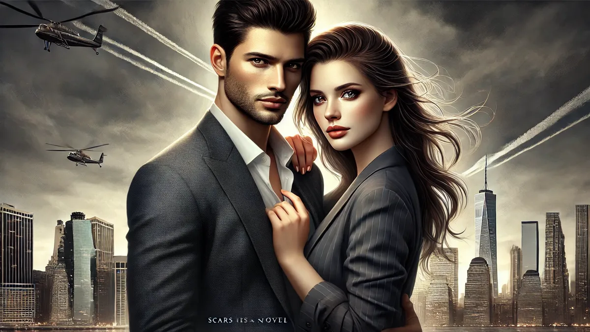 The man has sharp, handsome looks, dark hair, and intense eyes, dressed in a modern business suit. The woman has soft, beautiful looks with long flowing hair, wearing an elegant yet casual outfit. The background includes a luxurious modern cityscape, reflecting a romantic atmosphere