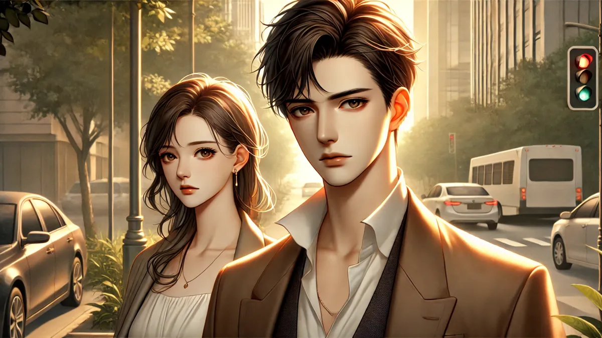 The man in the foreground has a sharp, handsome face, neatly combed dark hair, and a formal outfit, showing a serious yet gentle expression. The woman in the background has a beautiful face, expressive eyes, and long, flowing hair, wearing an elegant dress and looking away with a calm expression.