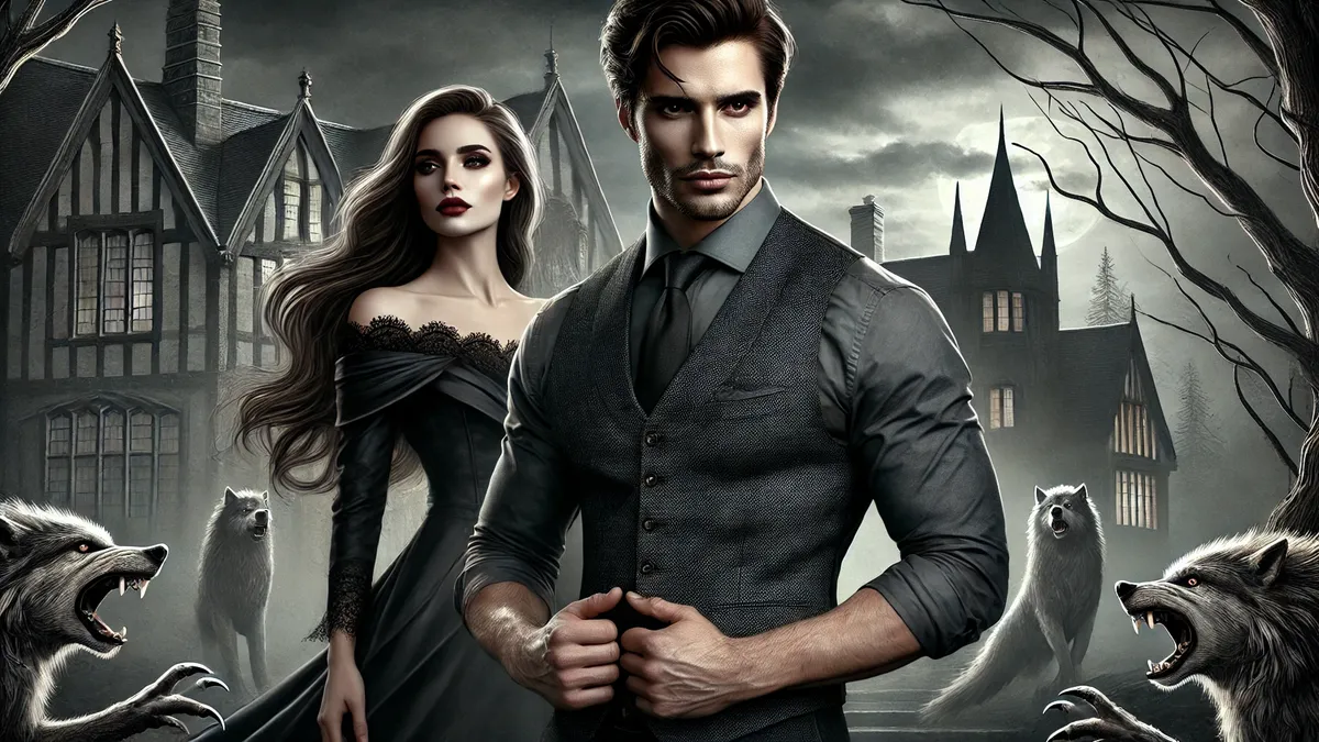 A handsome man with dark hair and a strong jawline standing confidently in the foreground. Behind him, a beautiful woman with long flowing hair and elegant attire stands with a regal posture. The background features a mysterious werewolf packhouse setting with a moody sky. Their expressions convey strength and defiance.