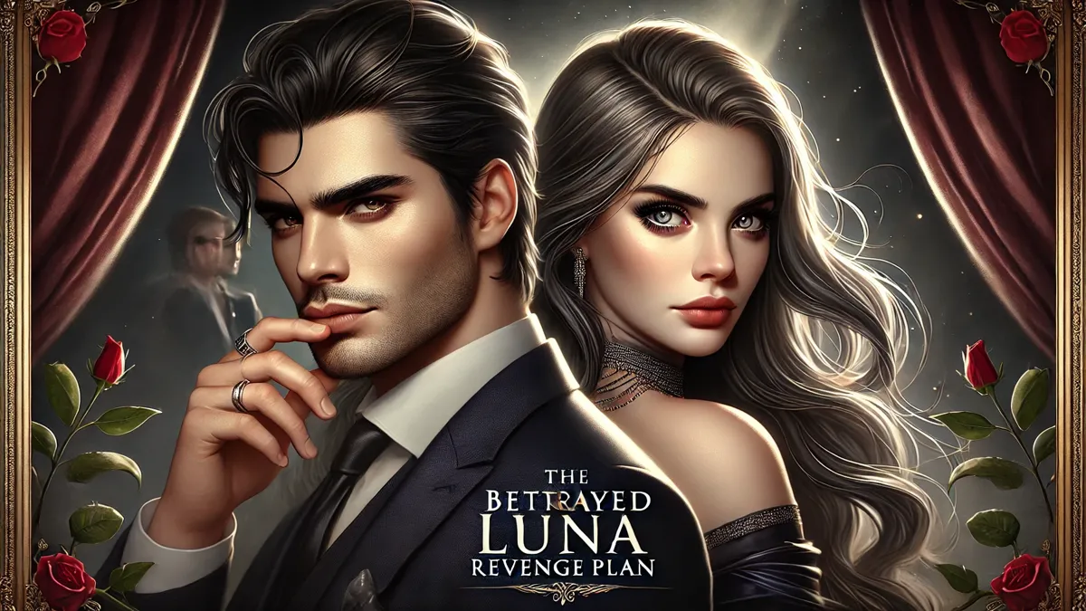 Review The Betrayed Luna Revenge Plan Novel by Eve Angeline A handsome man with sharp features, dark hair, and a confident yet mysterious expression, wearing a dark, tailored suit. Beside him, a beautiful woman with long, flowing hair and striking eyes wears an elegant, regal outfit. The background has a dark, moody setting with hints of glowing light, creating an air of mystery and romance.
