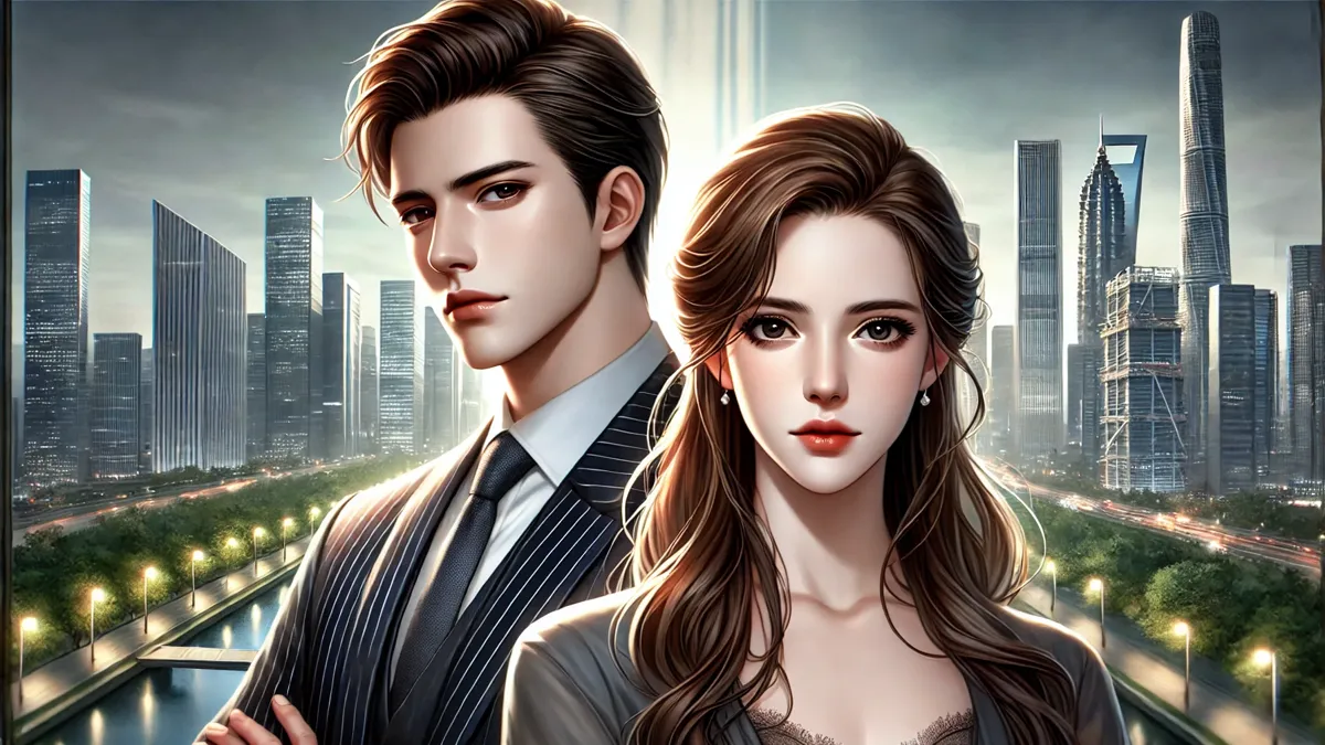 A man and woman standing in front of a modern cityscape. The man has sharp facial features, short dark hair, and wears a sleek business suit. The woman has soft features, long brown hair, and wears an elegant dress.