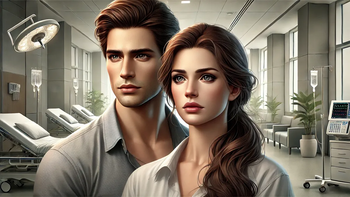 Review The Day He Lost Me Forever Novel by Wonder Girl A handsome man with sharp features, short brown hair, and a casual shirt, standing beside a beautiful woman with long, flowing dark hair and expressive eyes, wearing a modest blouse. Both characters display a mix of concern and determination, set against a contemporary hospital background with soft, neutral tones.