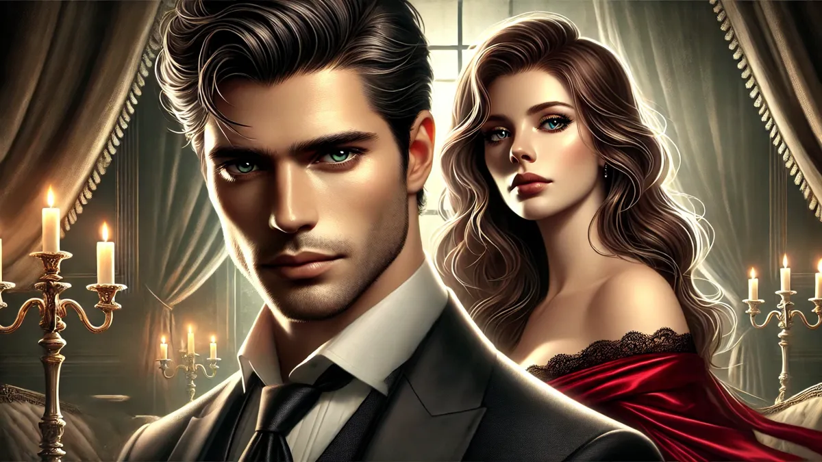 Review The Runaway Groom’s Deception Novel by Kamaria Viktorija A handsome man with short black hair wearing an elegant dark suit, standing in the foreground with a serious expression. Behind him, a beautiful woman with long, wavy brown hair in a flowing red dress looks conflicted yet determined.