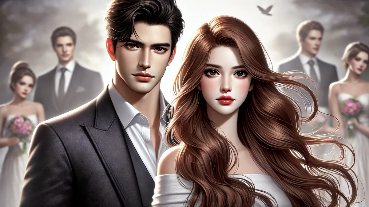 Review When Love Breaks Novel Zayn and Josephine a handsome man with a sharp jawline, styled black hair, and a tailored suit, standing beside a beautiful woman with long, flowing chestnut hair and expressive eyes, wearing an elegant dress.
