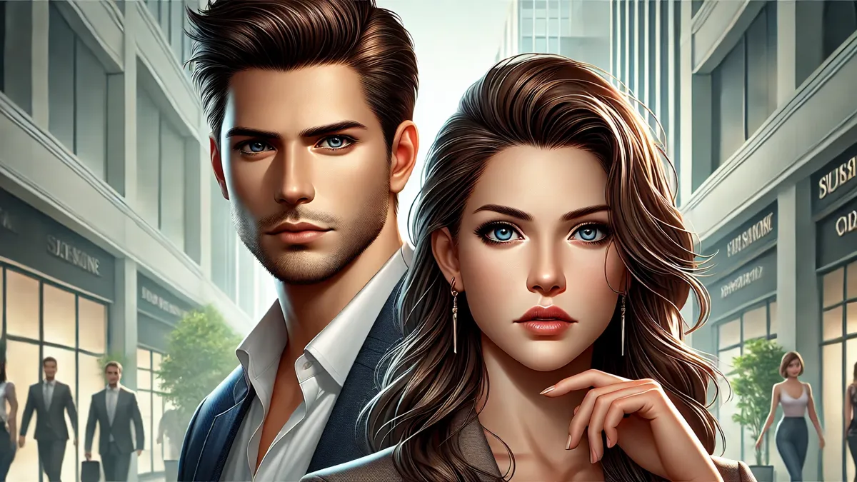 Review When Love Ended, So Did We Novel by Ava Redwood a man and a woman standing against a blurred modern urban backdrop. The man has a sharp, well-defined face with short dark hair, wearing a contemporary outfit with a serious expression. The woman has long flowing hair, soft features, and a determined look, also dressed stylishly.