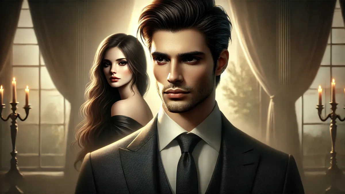 Review Where the Wind is Left Behind Novel by Heather Glen a handsome man in the foreground with sharp, dark expressive eyes, and neatly styled dark hair, wearing a tailored black suit. Behind him stands a beautiful woman with long, flowing dark brown hair, looking distant and sorrowful in an elegant dress. The background has a moody, warm-lit atmosphere, creating a romantic feel.