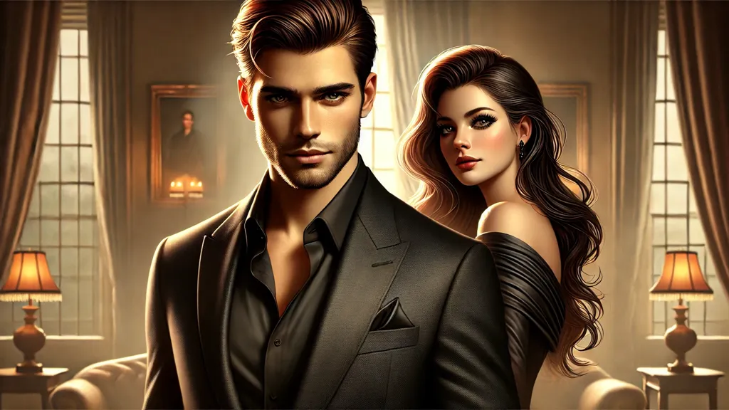 Synopsis of After The Altar Falls Novel A beautiful woman with long, flowing dark hair and striking eyes stands slightly behind him, wearing an elegant dress. She gazes at him with a mix of love and suspicion. The softly blurred background has warm lighting, suggesting a luxurious indoor setting.