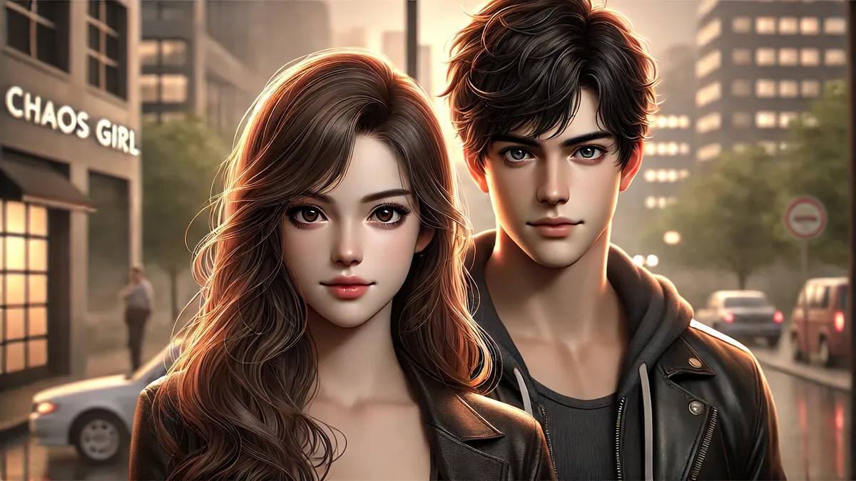 Synopsis of Chaos Girl Meets The Gang Novel by Nathan Gilbert a young woman with long, wavy brown hair and deep brown eyes, standing next to a young man with short, tousled black hair and sharp blue eyes. The background has a cinematic urban setting with warm lighting, creating a visually engaging atmosphere.