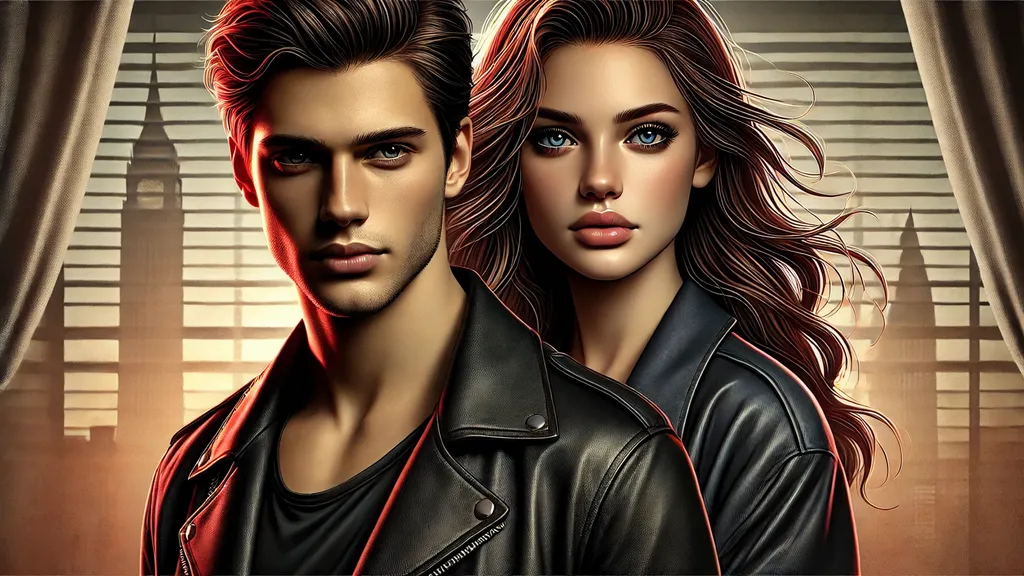 Synopsis of He Broke My Heart, Then Begged for Forgiveness Novel by Xusheng a young man with dark hair, a strong jawline, and an intense gaze, wearing a black leather jacket over a dark shirt. Behind him stands a striking young woman with long wavy hair and expressive eyes, dressed in a stylish fitted jacket.