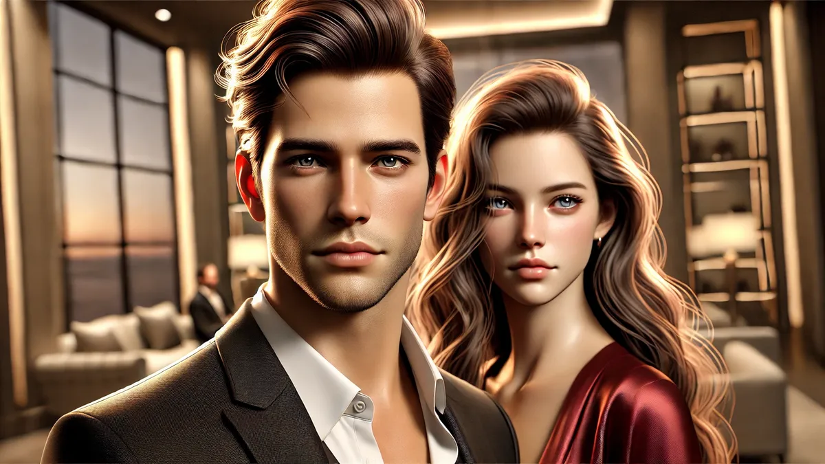 Review Husband Cheated During My Depression, Went Crazy After Novel A handsome man in a sharp black suit and a confident expression, standing in the foreground. Behind him, a beautiful woman in a sophisticated red dress has a determined yet gentle gaze. The background is softly blurred with warm lighting, suggesting a luxurious indoor setting.