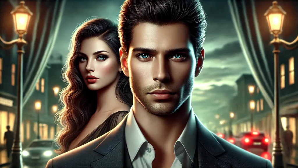 Synopsis of Loving a Liar Novel by BlissfulBunny a handsome man with sharp and short dark hair in the foreground, wearing a fitted suit with a serious expression. Behind him stands a beautiful woman with long wavy hair, delicate, and an intense gaze, dressed elegantly. The background features a blurred cityscape with cinematic lighting, enhancing the dramatic mood.