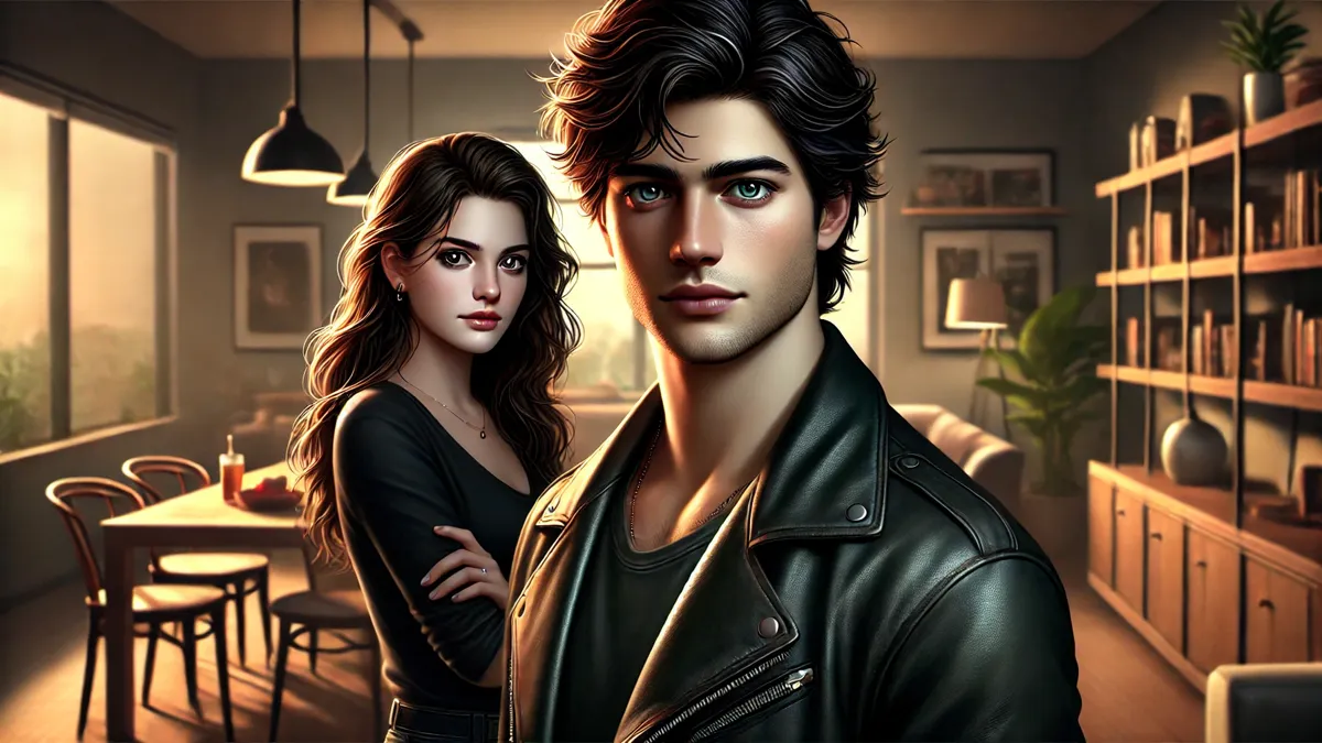 Synopsis of Mafia King Spoils the Defiant Bride Novel by Nancy a young man with tousled dark hair, blue eyes, and a confident expression, standing in front of a young woman with long wavy dark hair, deep brown eyes, and a cautious yet determined look. They are inside a dimly lit modern house with a warm ambiance.