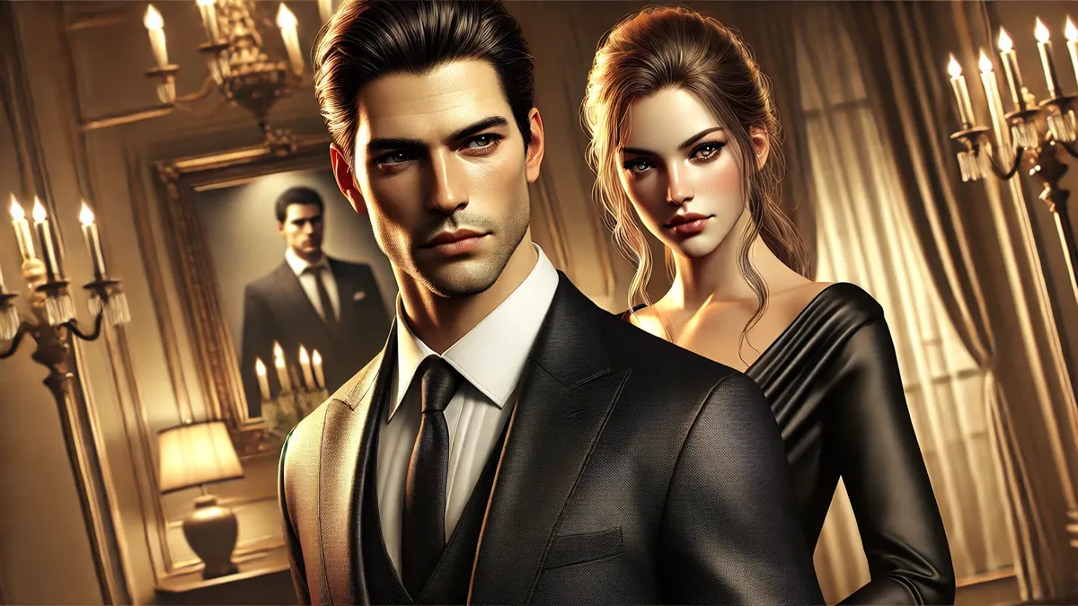 Review Mr King, I’m Not Divorcing You! Novel by Anna The man has a sharp gaze and a confident expression, while the woman behind him has a graceful yet determined look. The background conveys luxury, enhancing the novel’s atmosphere.