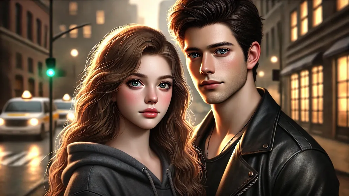 Synopsis of My Ex-Wife Returns As Super Boss Novel by Brooklyn Cphaka a young woman and a young man standing together in an urban setting with soft city lights in the background. The woman has long, wavy brown hair, light hazel eyes, and a serious yet gentle expression, wearing a casual hoodie. The man has short, neatly styled black hair, sharp blue eyes, and a confident yet protective demeanor, dressed in a black leather jacket over a plain shirt.