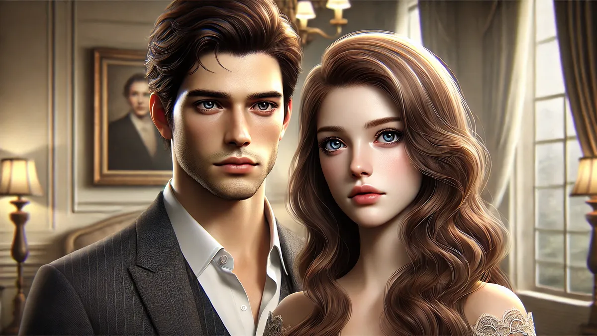 Synopsis of My Water Broke, but a Secretary Manipulated My Husband Novel a handsome young man with dark hair wearing a tailored suit, gazing intently. A beautiful young woman with long wavy brown hair in an elegant dress stands nearby, looking distant yet confident. The background features a luxurious interior with warm lighting.