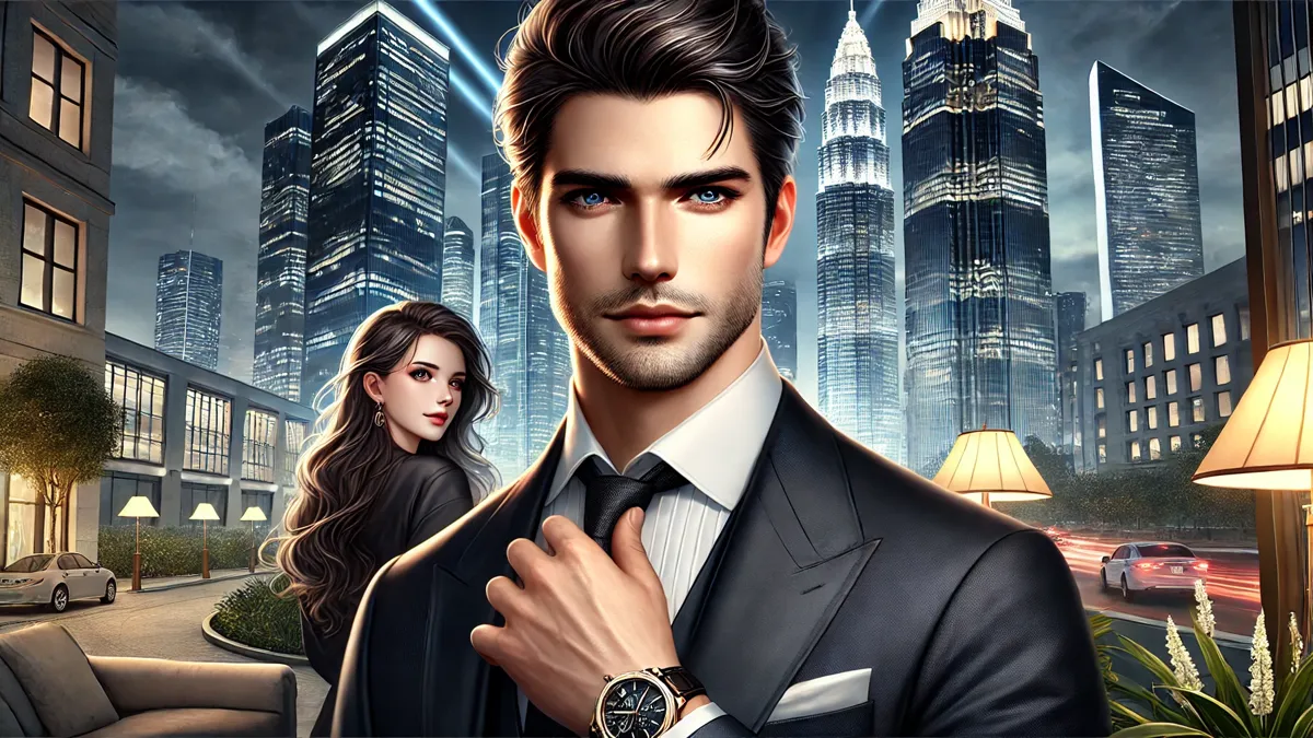 Review Love Like an Abyss Novel by LKA A handsome young man with sharp, dark hair, and confident eyes, wearing a black suit and white shirt. He stands before a modern city skyline at night, exuding wealth and power. A beautiful woman with long, flowing hair watches him admiringly from behind.
