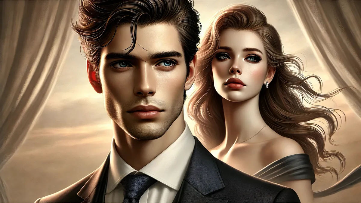 Synopsis of Rejected and Abandoned, Until the Right Man Found Me Novel A handsome young man in the foreground, dressed in a tailored suit with a serious expression. He has dark, neatly styled hair, a sharp jawline, and piercing eyes. Behind him, a beautiful woman with long, wavy hair in an elegant dress looks distant. The soft background blends warm and cool colors, evoking romance and longing.