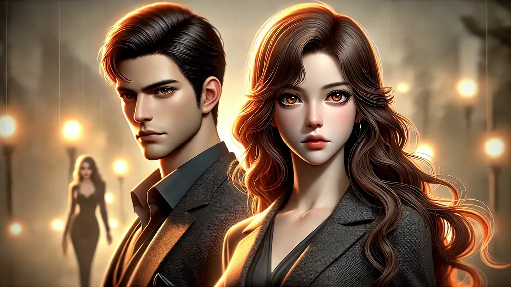 Synopsis of Stuck with the Handsome Mafia Boss Novel Isabel a handsome man with sharp, short black hair, and a confident expression in the foreground. He wears a dark, elegant suit with a high collar. Behind him stands a beautiful woman with long, wavy brown hair and large expressive eyes, wearing a stylish modern dress. She has a determined look. The background is softly blurred with warm, golden lighting, creating a dramatic atmosphere.