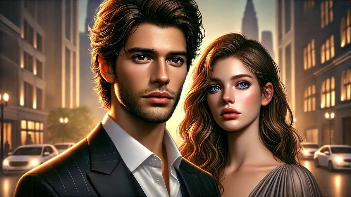 Synopsis of Taming the Tycoon Novel Nelly Albright a handsome young man with deep brown eyes, sharp facial structure, and tousled dark hair, wearing a well-fitted black suit with a white shirt. Beside him, a beautiful young woman with long wavy chestnut hair and striking blue eyes gazes slightly away with a distant expression. She wears an elegant, soft-colored dress. The background shows a blurred modern cityscape with warm and cool tones, creating a dramatic atmosphere. Soft, natural lighting enhances their appearance, emphasizing the contrast between the man’s confident stance and the woman’s sorrowful gaze.