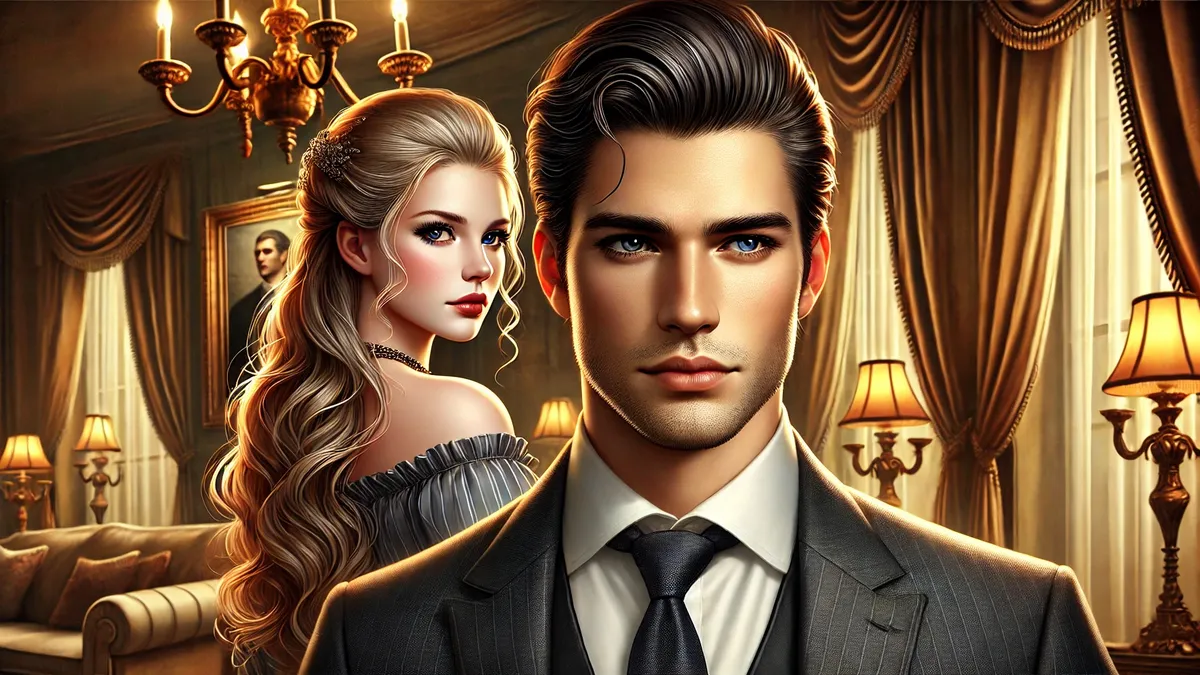 Review The End of Love Novel by Solsticea A confident, handsome man wearing a stylish suit, standing in the foreground with sharp facial features and neatly styled hair. A beautiful woman with delicate and long flowing hair stands slightly behind him, dressed in a sophisticated gown. The background showcases a luxurious setting with warm lighting, giving a sense of wealth and status.
