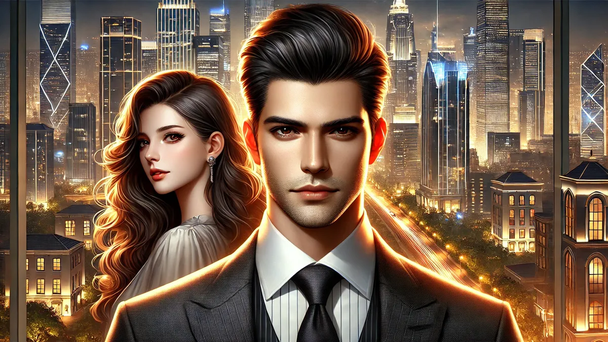 Review We’re Not Meant to Be Novel a handsome young man with sharp, short black hair, and a confident expression, wearing a stylish suit. He stands before a luxurious cityscape at night, with bright city lights reflecting on modern glass buildings. Behind him, a beautiful woman with long, wavy brown hair in elegant attire looks at him with a mysterious expression.