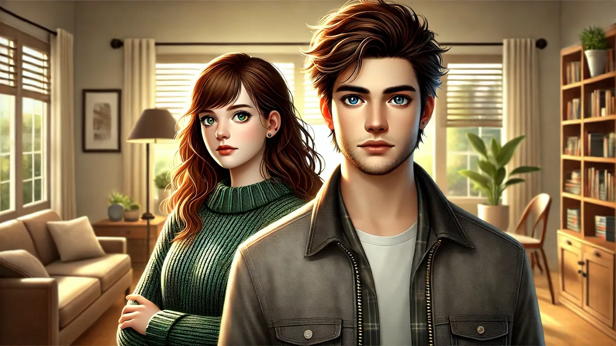 Synopsis of When Love Fades with the Wind Novel Kelly Thomas A young woman with long wavy brown hair and green eyes, wearing a fitted sweater and jeans, standing in a modern home setting. She has a cautious yet curious expression. In the foreground, a young man with short dark brown hair and deep blue eyes wears a casual jacket over a t-shirt, appearing confident yet approachable. The background has warm lighting, creating a welcoming yet slightly mysterious atmosphere.